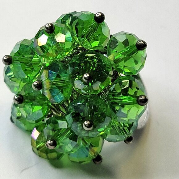 Green Crystal Cluster Ring, Adjustable Crystal Ring,  Statement Crystal Ring - Picture 3 of 9